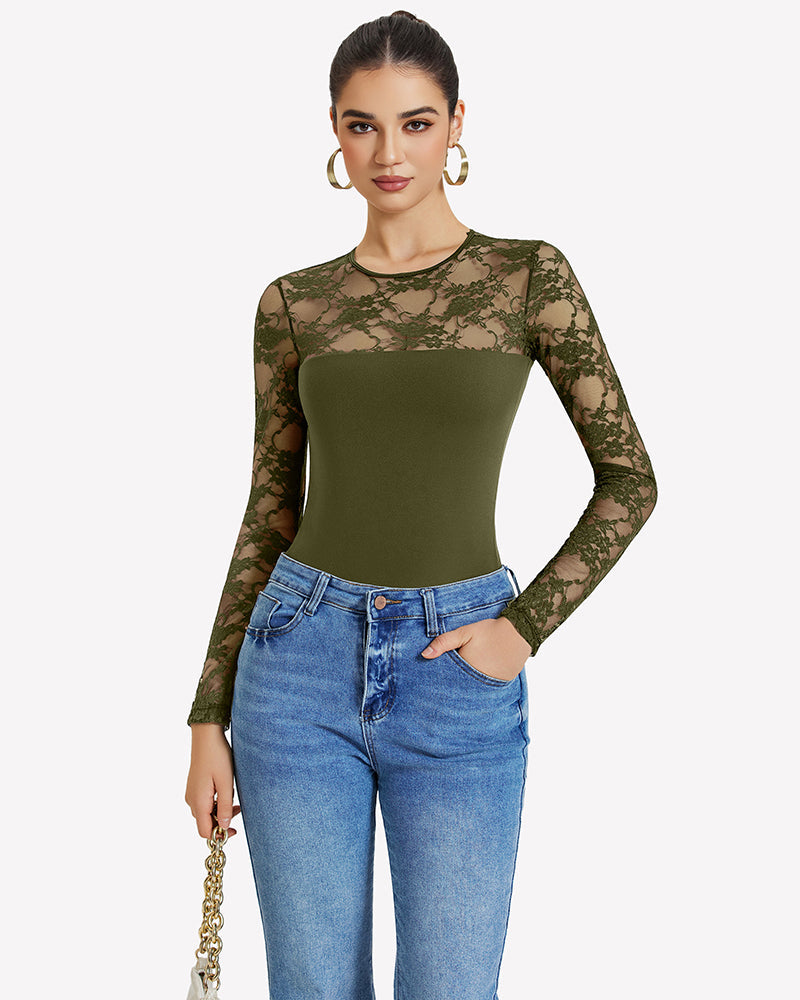 Lace Long Sleeve Bodysuit Tops Shaperwear-bodysuit - Tophatter Daily Deals