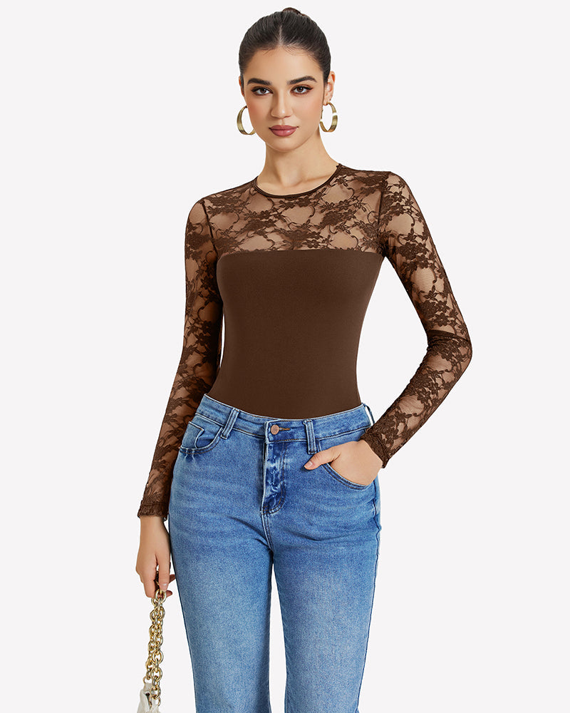 Lace Long Sleeve Bodysuit Tops Brown Shaperwear-bodysuit - Tophatter Daily Deals