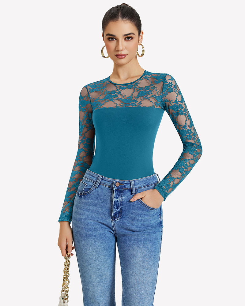 Lace Long Sleeve Bodysuit Tops Blue Green Shaperwear-bodysuit - Tophatter Daily Deals