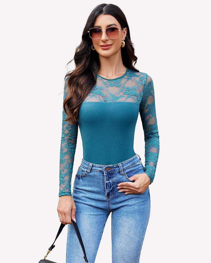 Lace Long Sleeve Bodysuit Tops Shaperwear-bodysuit - Tophatter Daily Deals