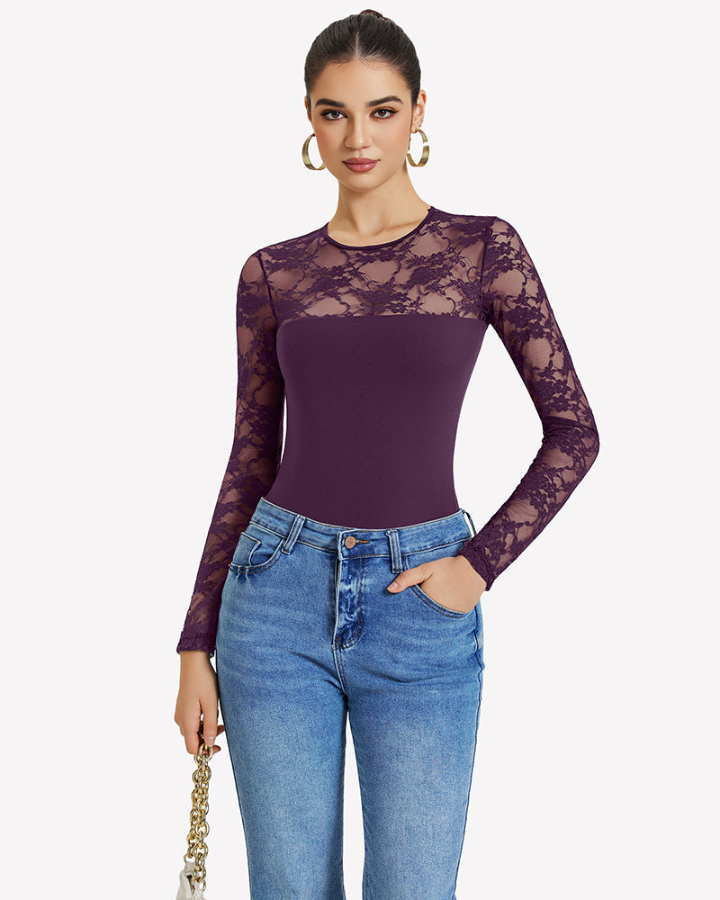 Lace Long Sleeve Bodysuit Tops Dark Purple Shaperwear-bodysuit - Tophatter Daily Deals