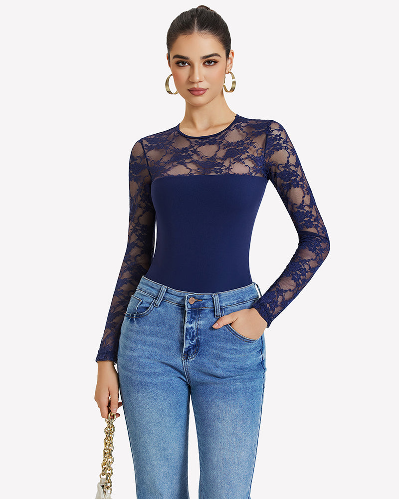 Lace Long Sleeve Bodysuit Tops Shaperwear-bodysuit - Tophatter Daily Deals