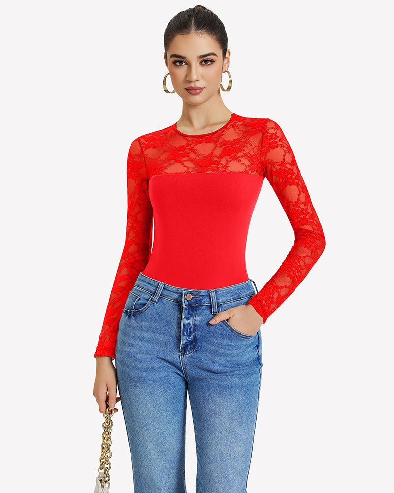 Lace Long Sleeve Bodysuit Tops Red Shaperwear-bodysuit - Tophatter Daily Deals