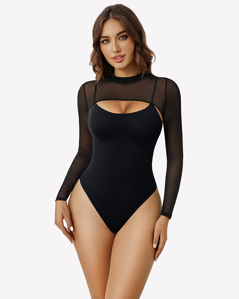 Long Sleeve Tops Bodysuits Two Piece Outfit Black Shaperwear-bodysuit - Tophatter Daily Deals
