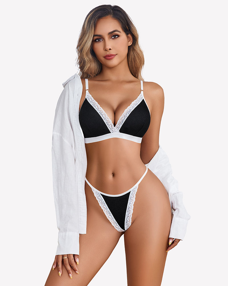 Ribbed Bra and Pany Set with Lace Trim Black Lingerie Sets-Bra Sets - Tophatter Daily Deals