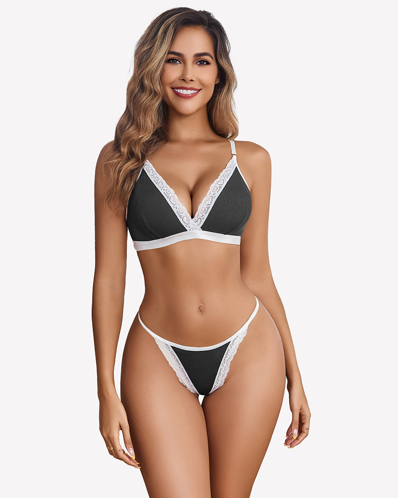 Ribbed Bra and Pany Set with Lace Trim Dark Gray Lingerie Sets-Bra Sets - Tophatter Daily Deals