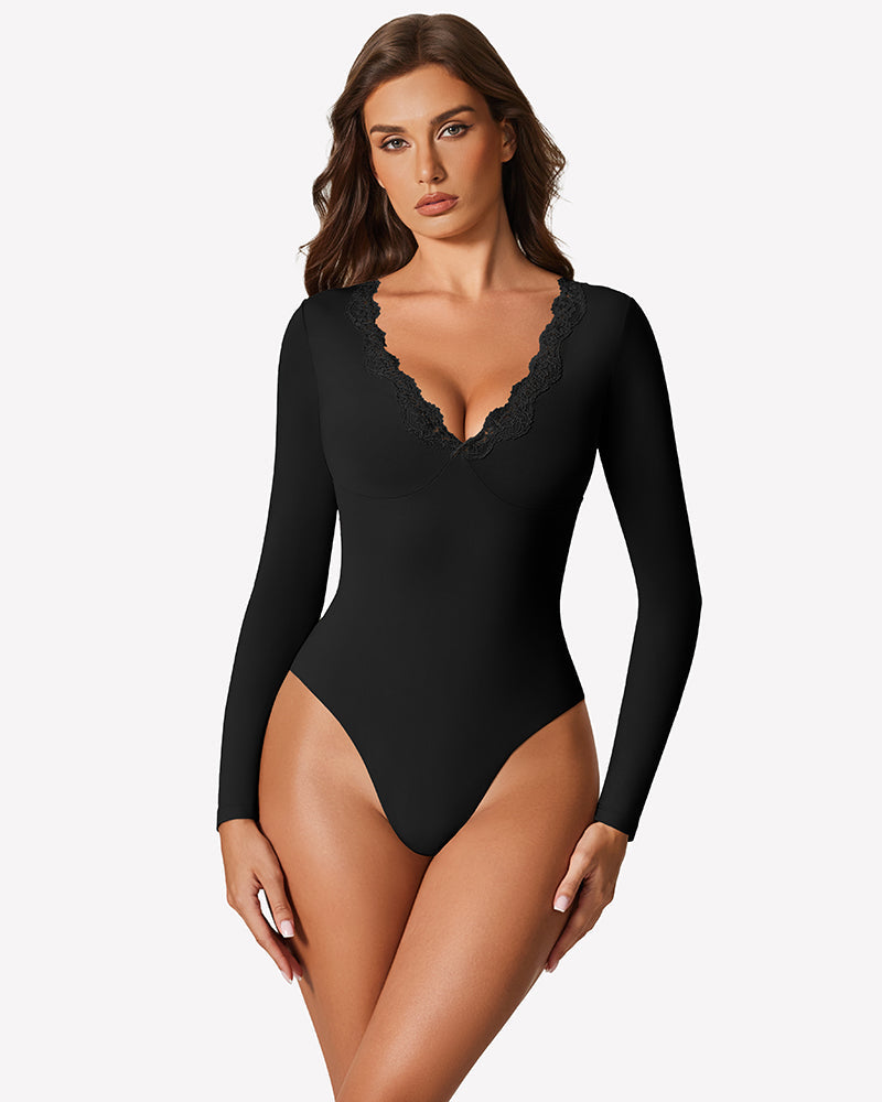 Long Sleeve Lace V Neck Leotard Shirt Black Shaperwear-bodysuit - Tophatter Daily Deals