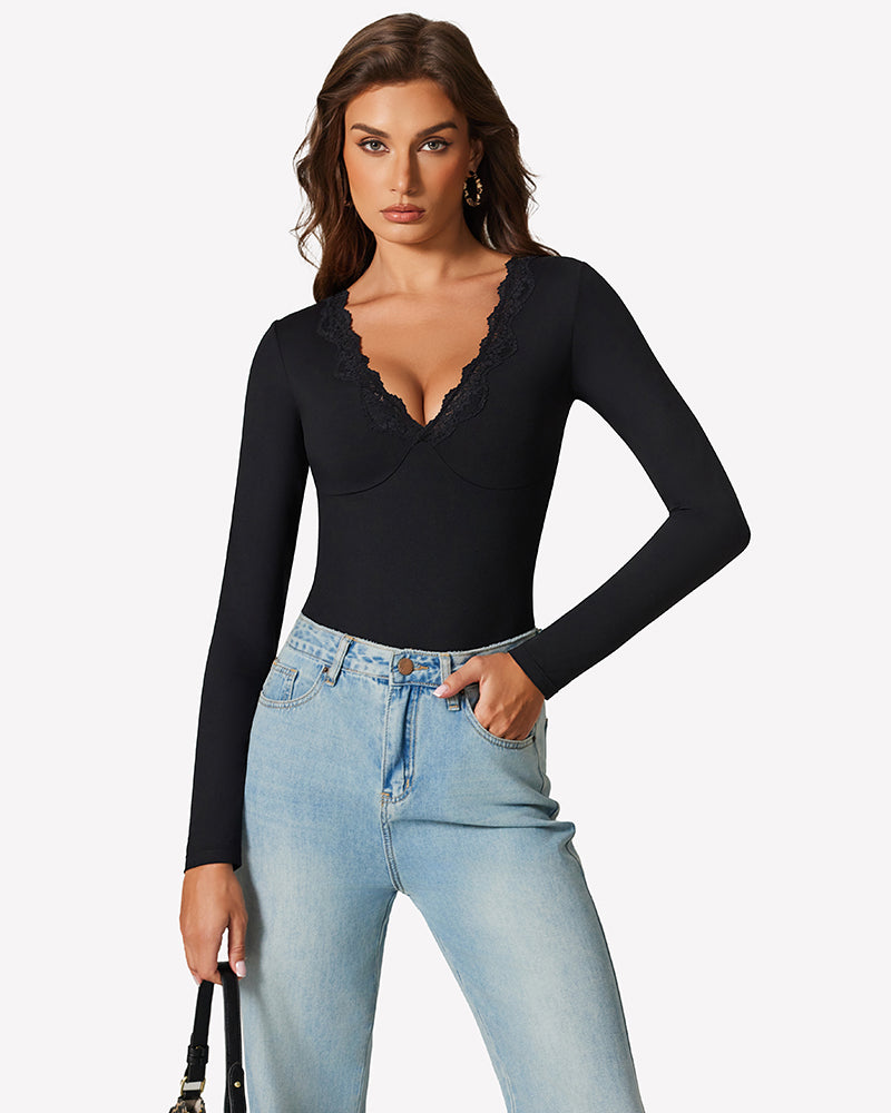 Long Sleeve Lace V Neck Leotard Shirt Shaperwear-bodysuit - Tophatter Daily Deals