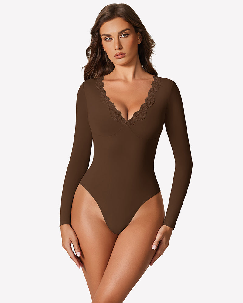 Long Sleeve Lace V Neck Leotard Shirt Brown Shaperwear-bodysuit - Tophatter Daily Deals
