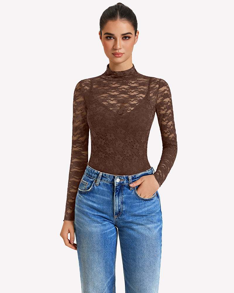 Long Sleeve Bodysuit Lace Tops Two Piece Set Shaperwear-bodysuit - Tophatter Daily Deals
