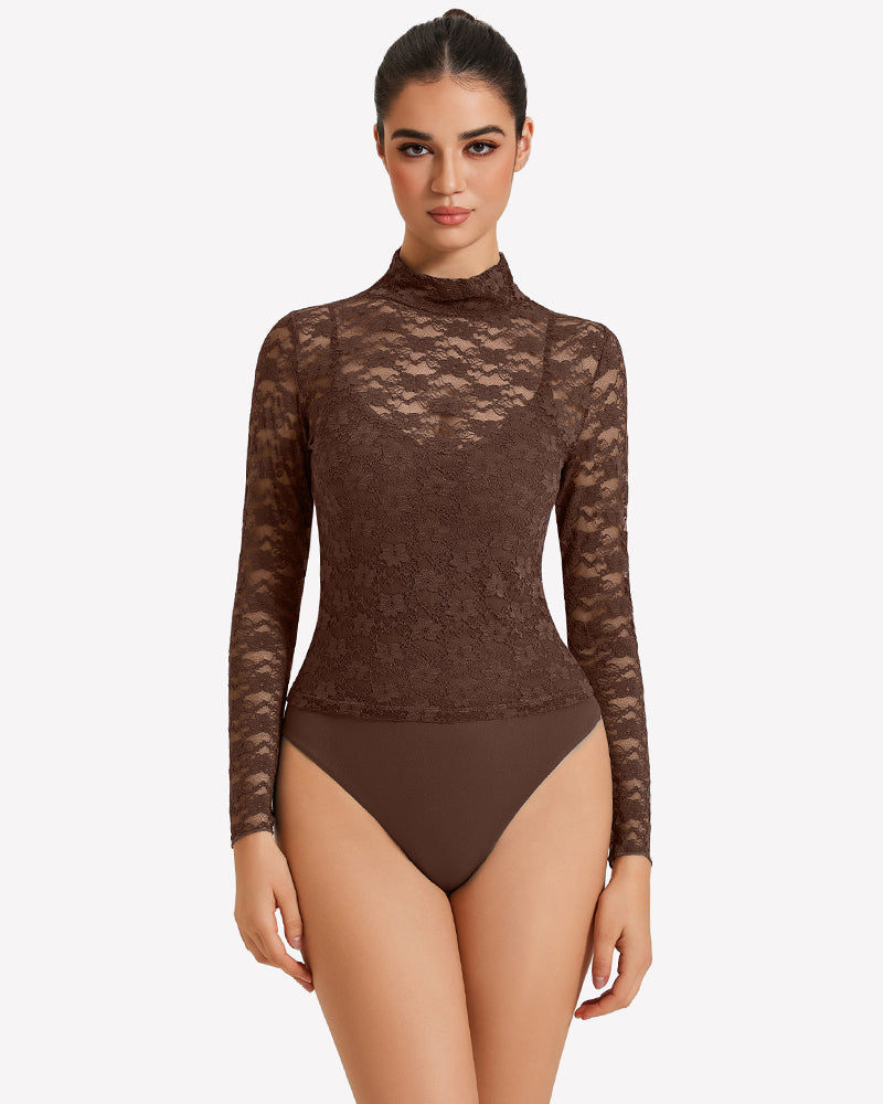Long Sleeve Bodysuit Lace Tops Two Piece Set Brown Shaperwear-bodysuit - Tophatter Daily Deals