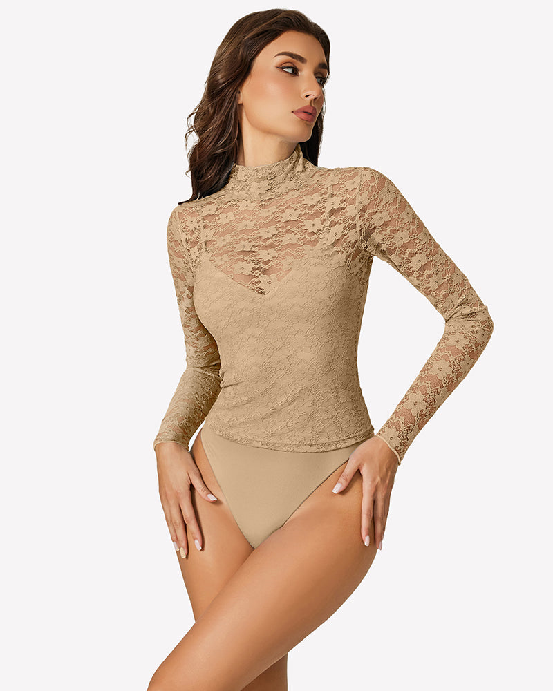 Long Sleeve Bodysuit Lace Tops Two Piece Set Champagne Shaperwear-bodysuit - Tophatter Daily Deals