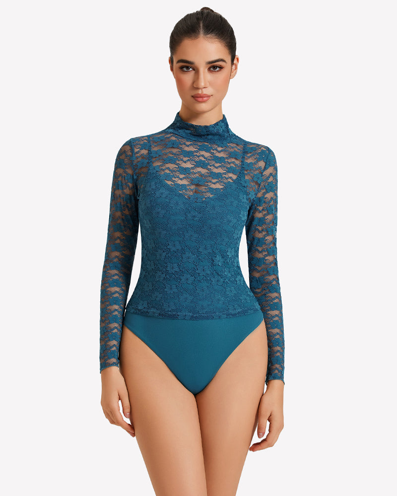 Long Sleeve Bodysuit Lace Tops Two Piece Set Deep Blue Shaperwear-bodysuit - Tophatter Daily Deals
