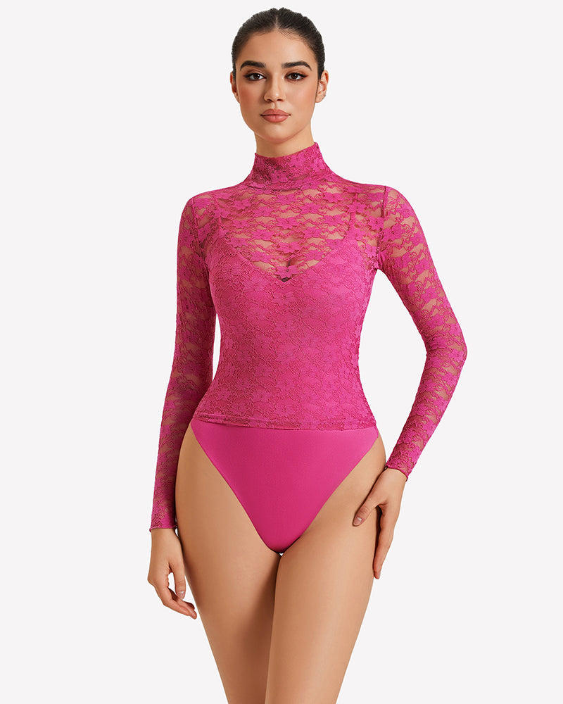 Long Sleeve Bodysuit Lace Tops Two Piece Set Rose Red Shaperwear-bodysuit - Tophatter Daily Deals