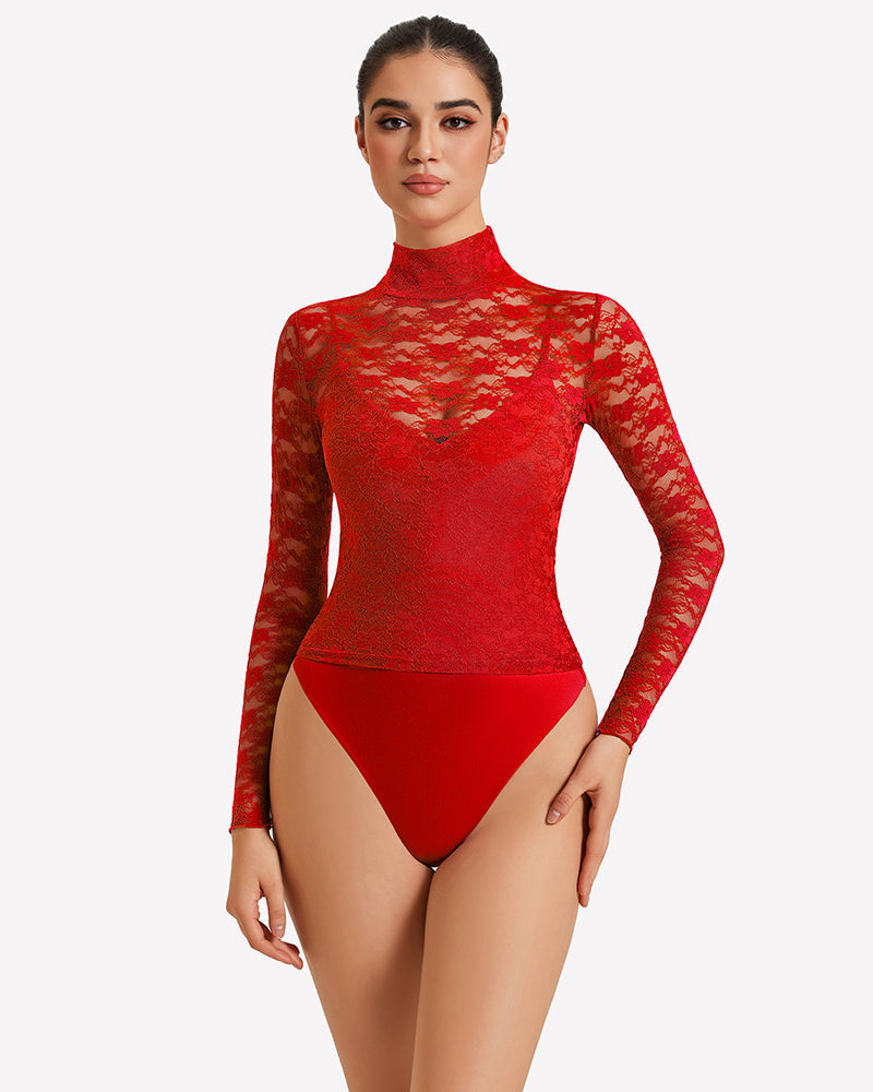 Long Sleeve Bodysuit Lace Tops Two Piece Set Red Shaperwear-bodysuit - Tophatter Daily Deals