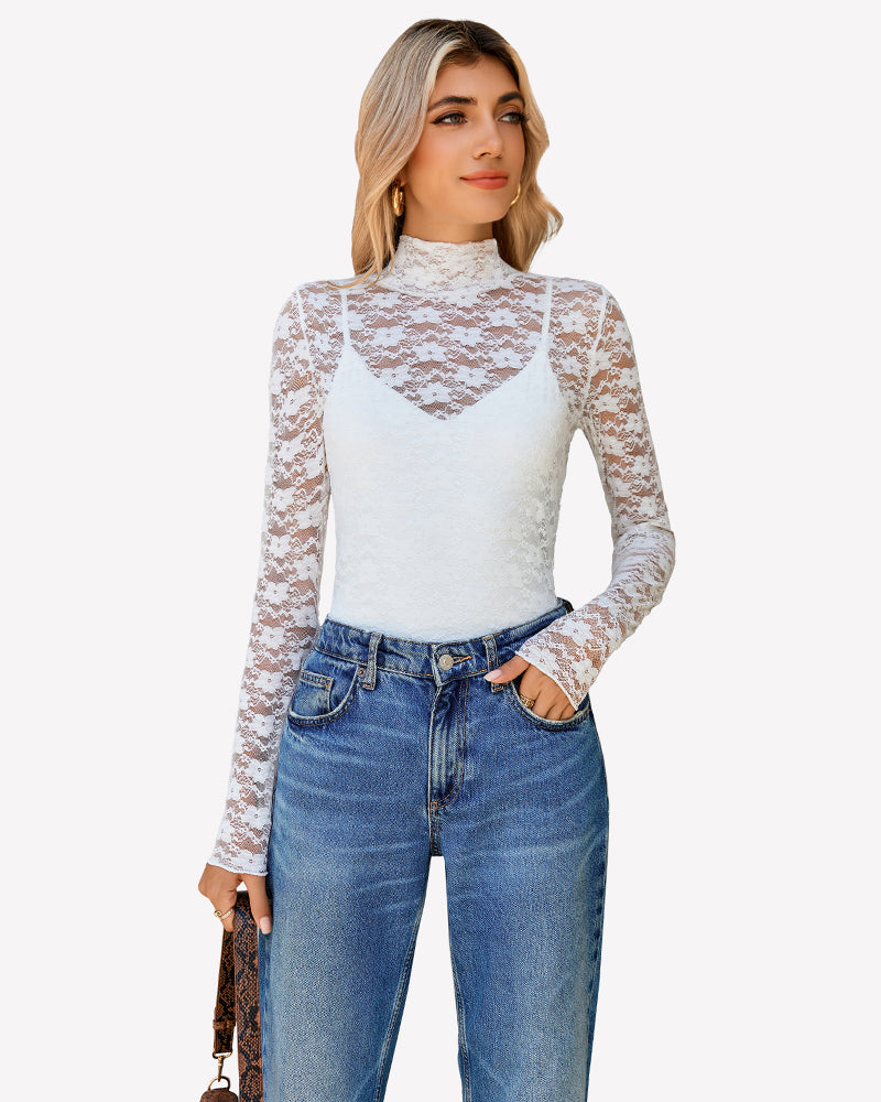 Long Sleeve Bodysuit Lace Tops Two Piece Set White Shaperwear-bodysuit - Tophatter Daily Deals