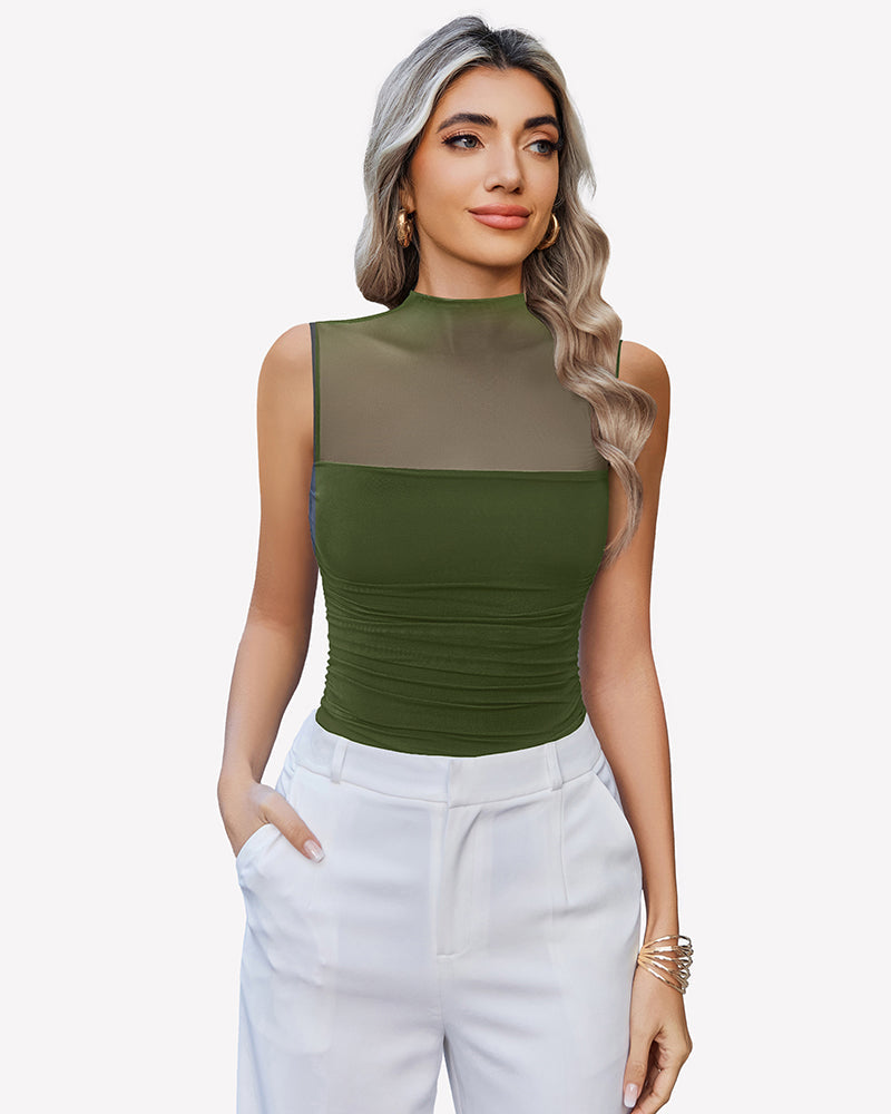 Mock Neck Mesh Bodysuit Ruched Tank Top Olive Green Lingeries-Bodysuits - Tophatter Daily Deals