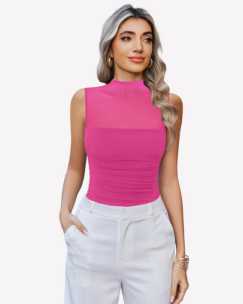 Mock Neck Mesh Bodysuit Ruched Tank Top Pink Lingeries-Bodysuits - Tophatter Daily Deals