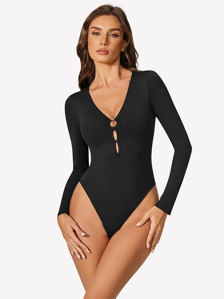 Cutout Plunge Deep V Neck Bodysuit Black Lingeries-Bodysuits - Tophatter Daily Deals