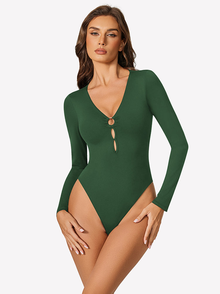 Cutout Plunge Deep V Neck Bodysuit Green Lingeries-Bodysuits - Tophatter Daily Deals