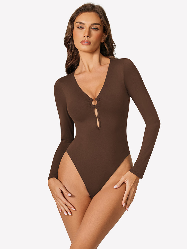 Cutout Plunge Deep V Neck Bodysuit Brown Lingeries-Bodysuits - Tophatter Daily Deals