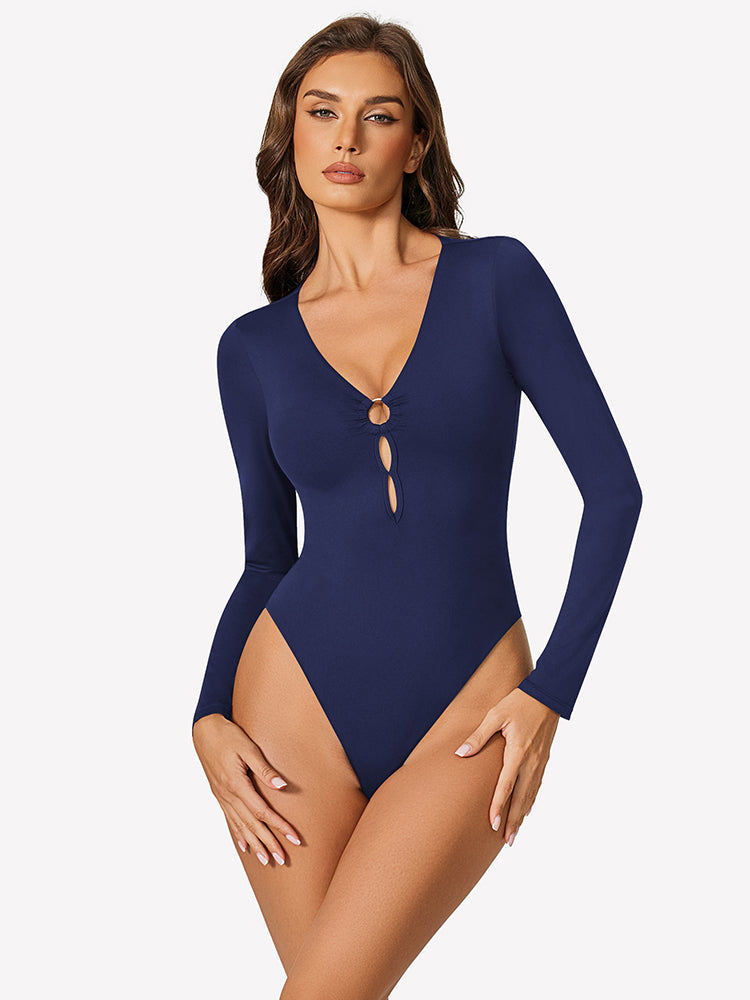 Cutout Plunge Deep V Neck Bodysuit Navy Blue Lingeries-Bodysuits - Tophatter Daily Deals