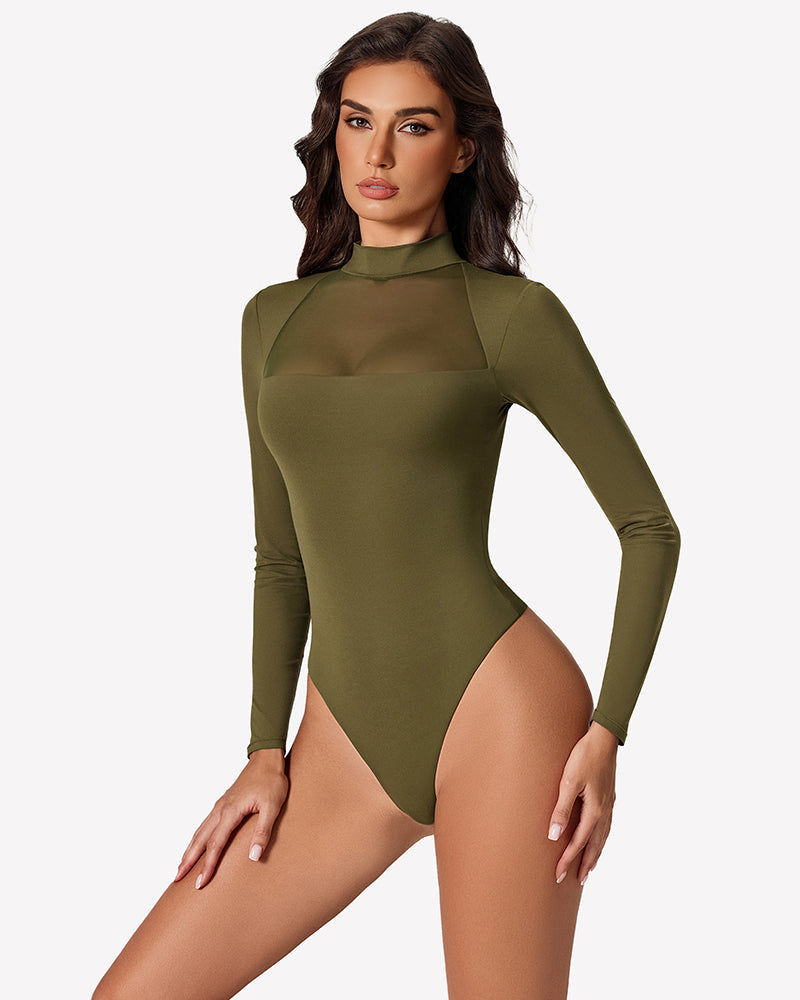 Long Sleeve Leotard Mesh Bodysuit Tops Olive Green Shaperwear-bodysuit - Tophatter Daily Deals