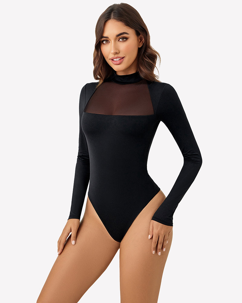 Long Sleeve Leotard Mesh Bodysuit Tops Black Shaperwear-bodysuit - Tophatter Daily Deals