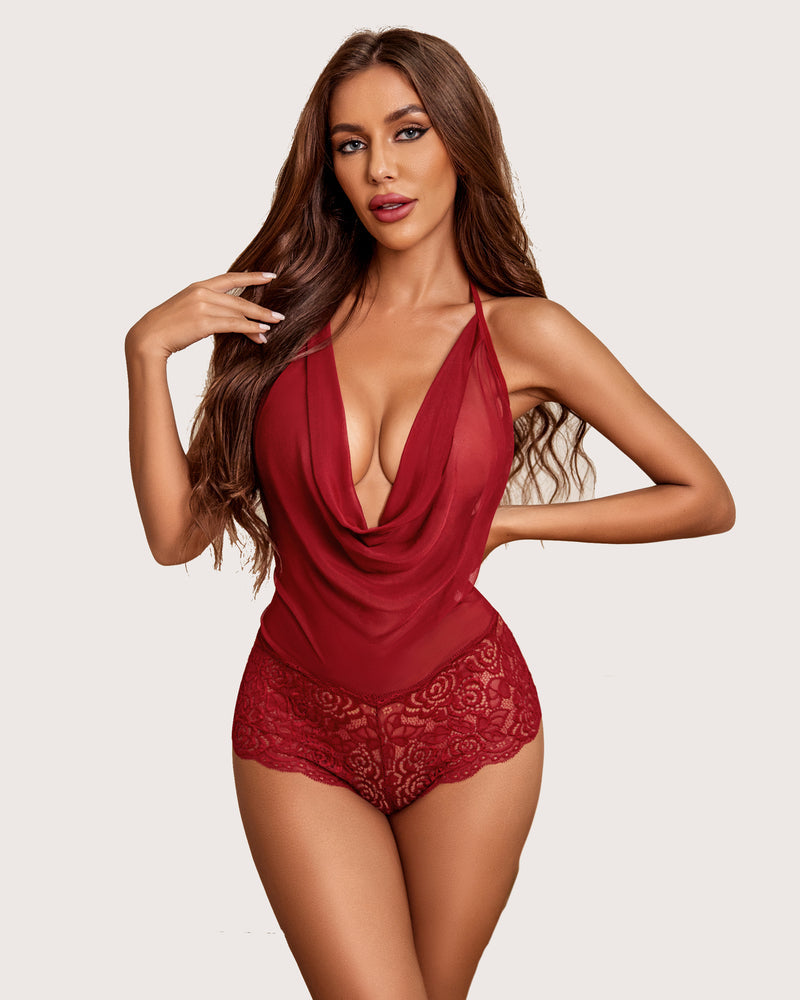 One Piece Lace Halter Bodysuit (DE Only) Wine Red Lingeries-Bodysuits - Tophatter Daily Deals