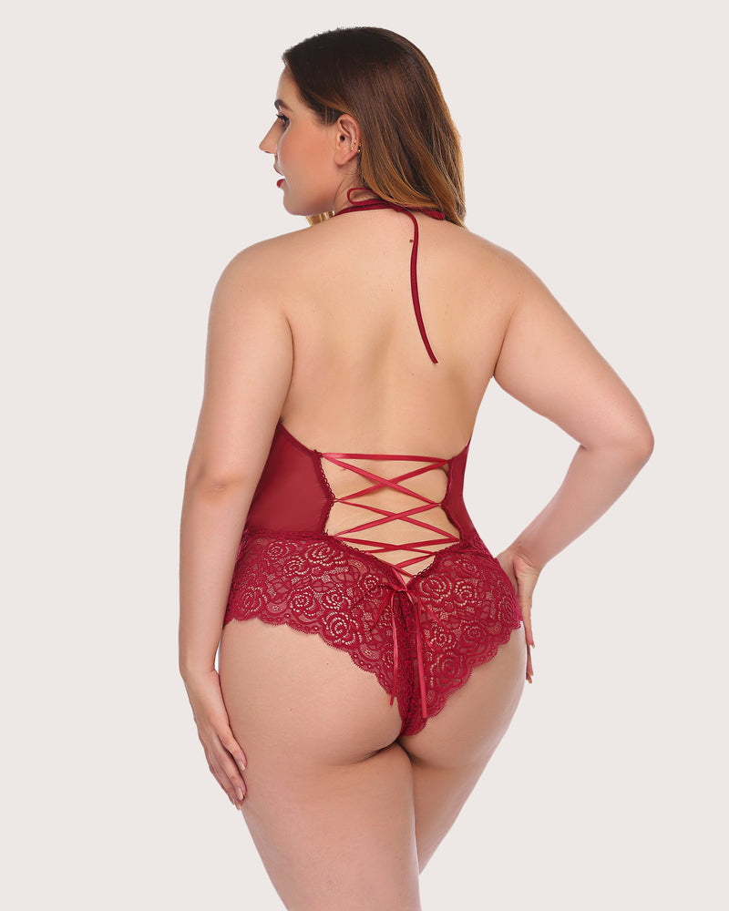 One Piece Lace Halter Bodysuit (DE Only) Lingeries-Bodysuits - Tophatter Daily Deals