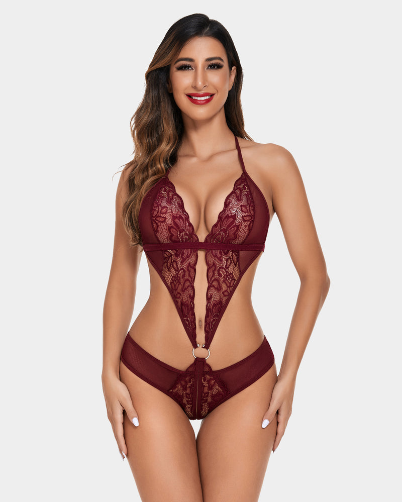 Christmas Deep V Lingerie Lace Teddy Dark Red Lingeries-Bodysuits - Tophatter Daily Deals