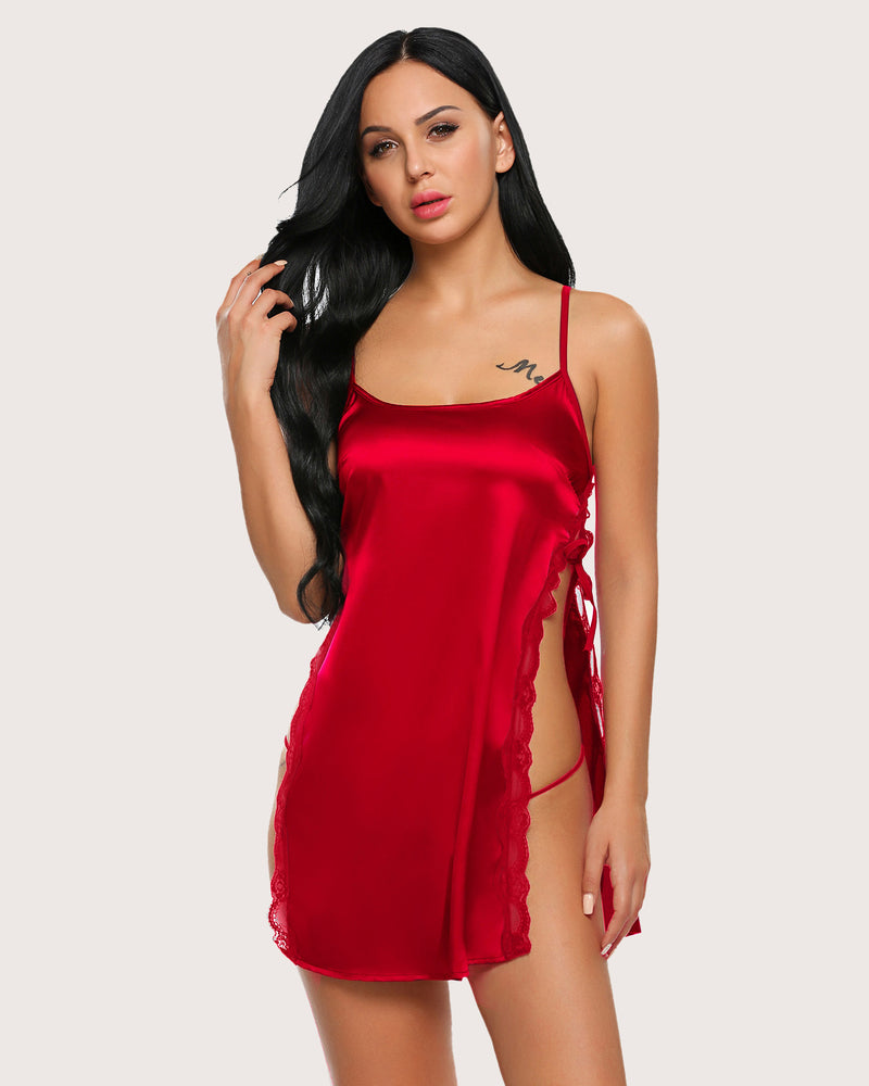 Christmas Satin Nightwear Carmine Red Lingerie-Babydolls - Tophatter Daily Deals