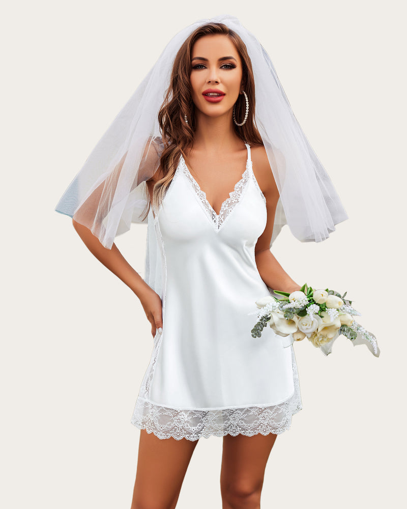 Satin Lace Chemise Lingerie White Sleepwears-dresses - Tophatter Daily Deals