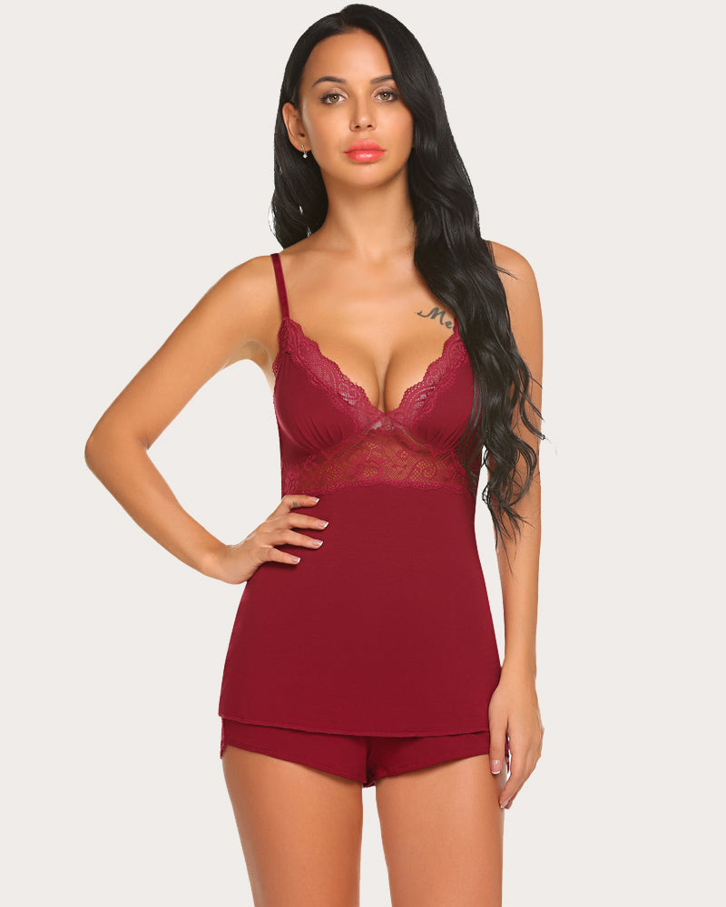 Lace Floral Cami PJS Pajama Set (DE Only) Wine Red Sleepwears-Pajamas Sets - Tophatter Daily Deals