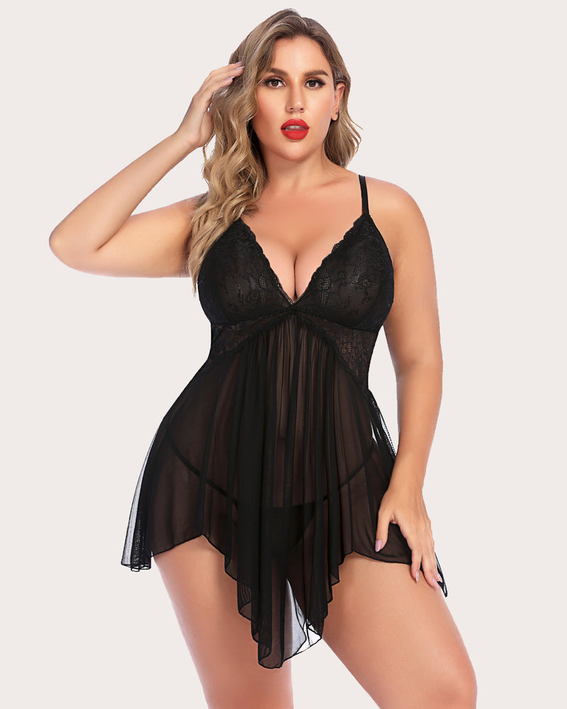 Plus Size Lace Irregular Babydoll (DE Only) Black Lingerie-Babydolls - Tophatter Daily Deals