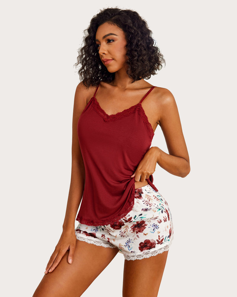 Straps V-Neck Cami Pajama Set (DE Only) Red Flower Sleepwears-Pajamas Sets - Tophatter Daily Deals