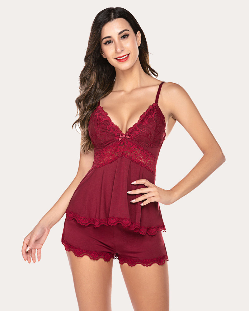 Lace Floral Pajamas Lounge Sets (DE Only) Wine Red Sleepwears-Pajamas Sets - Tophatter Daily Deals