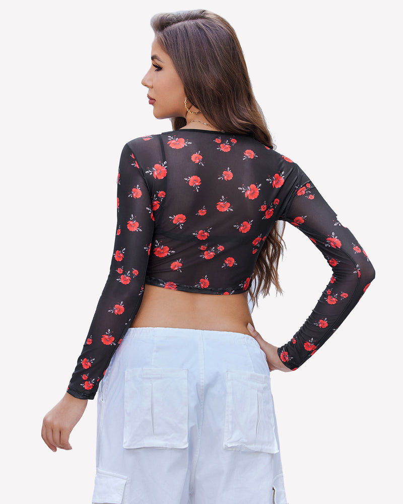Floral Mesh Sheer Crop Top Lingeries-Crop tops - Tophatter Daily Deals