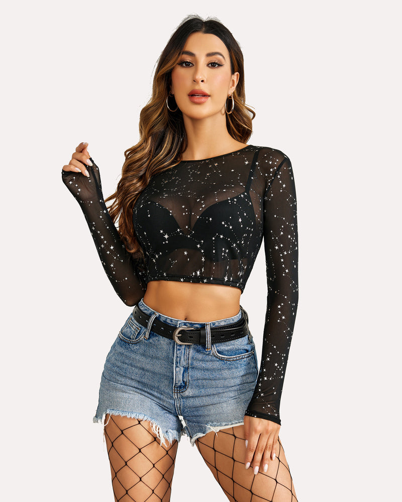 Floral Mesh Sheer Crop Top Stars Lingeries-Crop tops - Tophatter Daily Deals