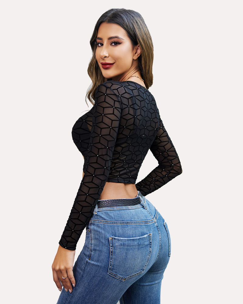 Floral Mesh Sheer Crop Top Lingeries-Crop tops - Tophatter Daily Deals