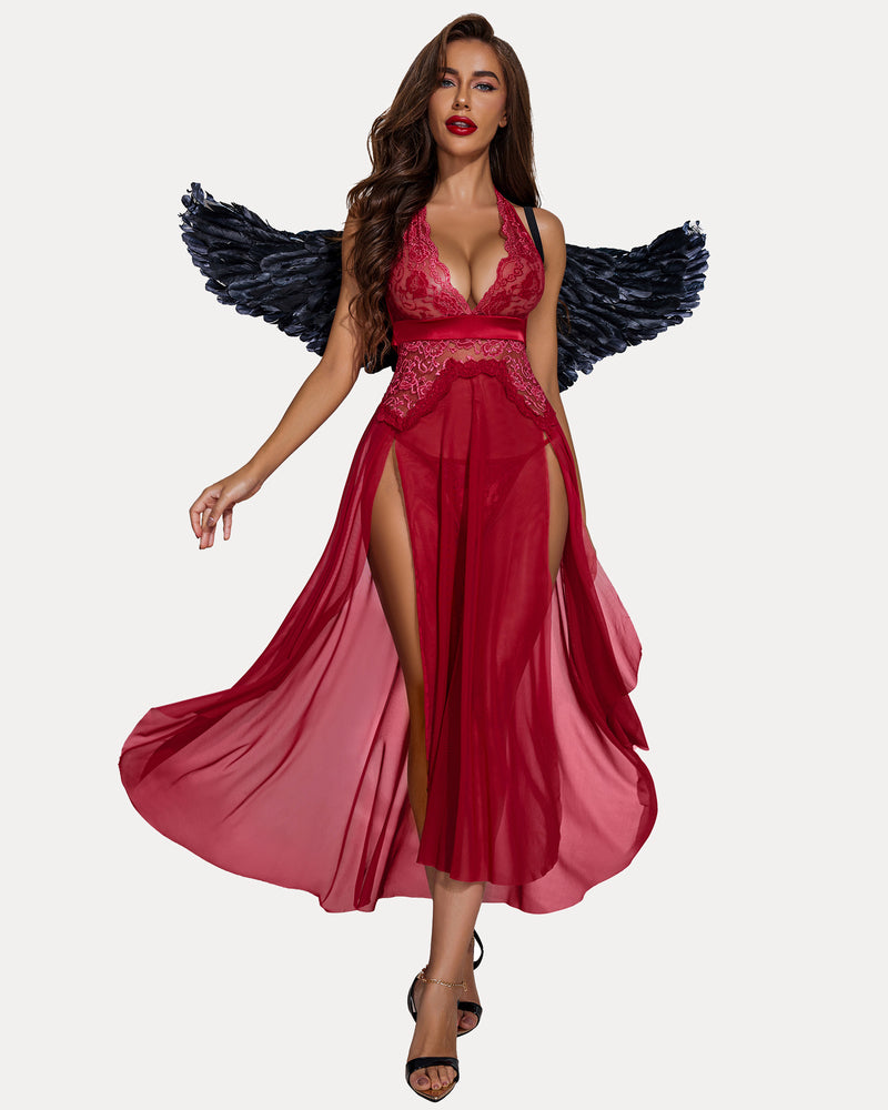 Christmas Mosaic Lace Mesh Dress Wine Red Sleepwears-nightgowns - Tophatter Daily Deals
