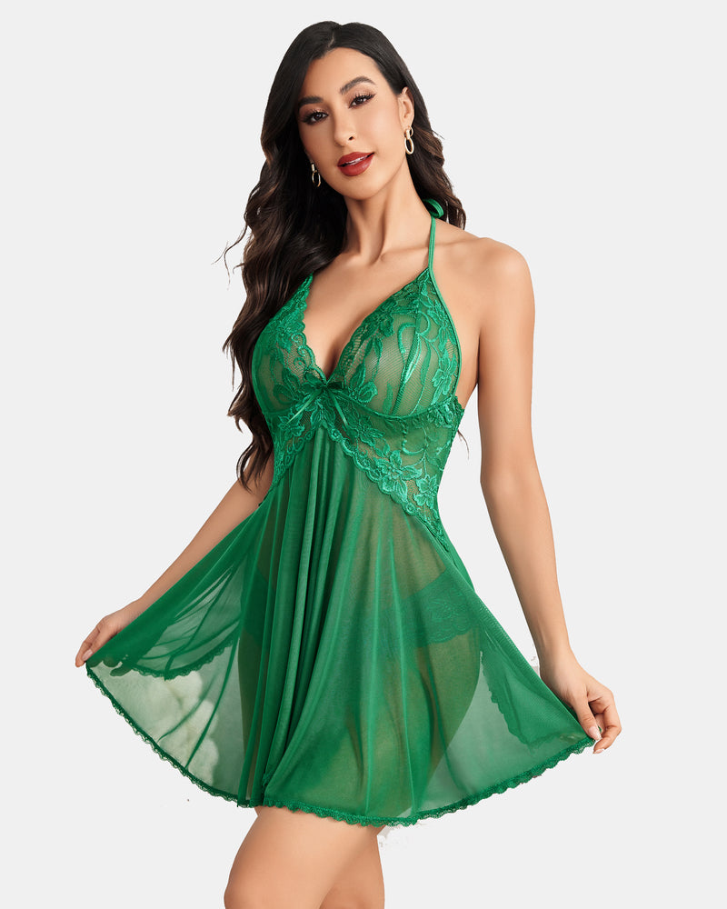 Christmas Halter Lingerie Babydoll Royal Green Lingerie-Babydolls - Tophatter Daily Deals