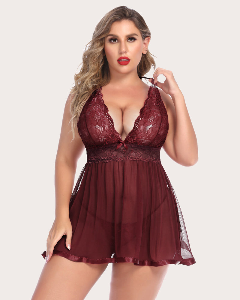 Plus Size Babydoll Lingerie Dark Red Lingerie Sets-Plus size - Tophatter Daily Deals