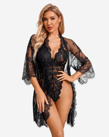 2 Piece Set Lace Robe with Teddy (DE Only) Black Sleepwears-Robes - Tophatter Daily Deals