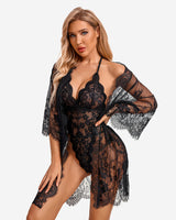 2 Piece Set Lace Robe with Teddy (DE Only) Sleepwears-Robes - Tophatter Daily Deals