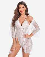 2 Piece Set Lace Robe with Teddy (DE Only) White Sleepwears-Robes - Tophatter Daily Deals