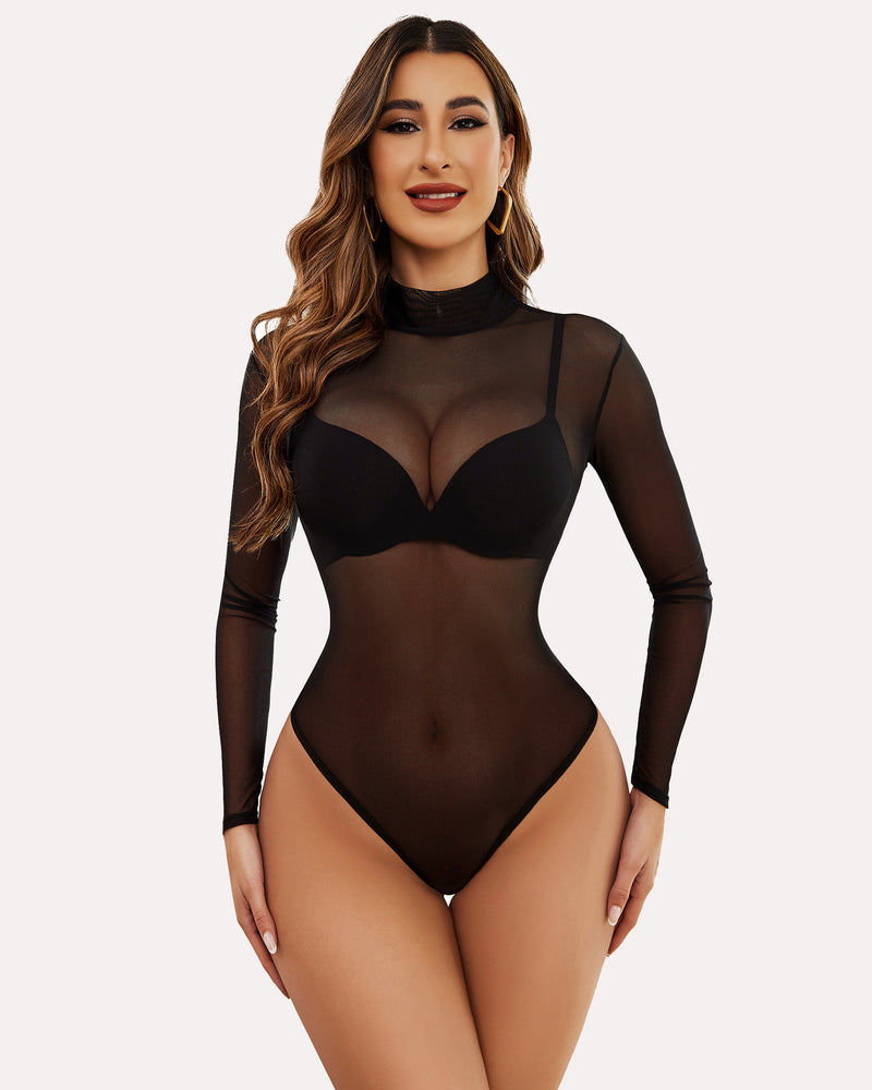Long Sleeve Sheer Bodysuit (DE Only) Black Lingeries-Bodysuits - Tophatter Daily Deals