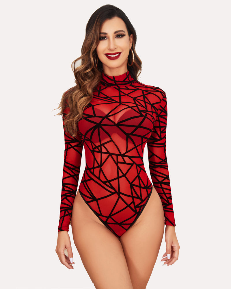 Long Sleeve Sheer Bodysuit (DE Only) Red Geo Lingeries-Bodysuits - Tophatter Daily Deals