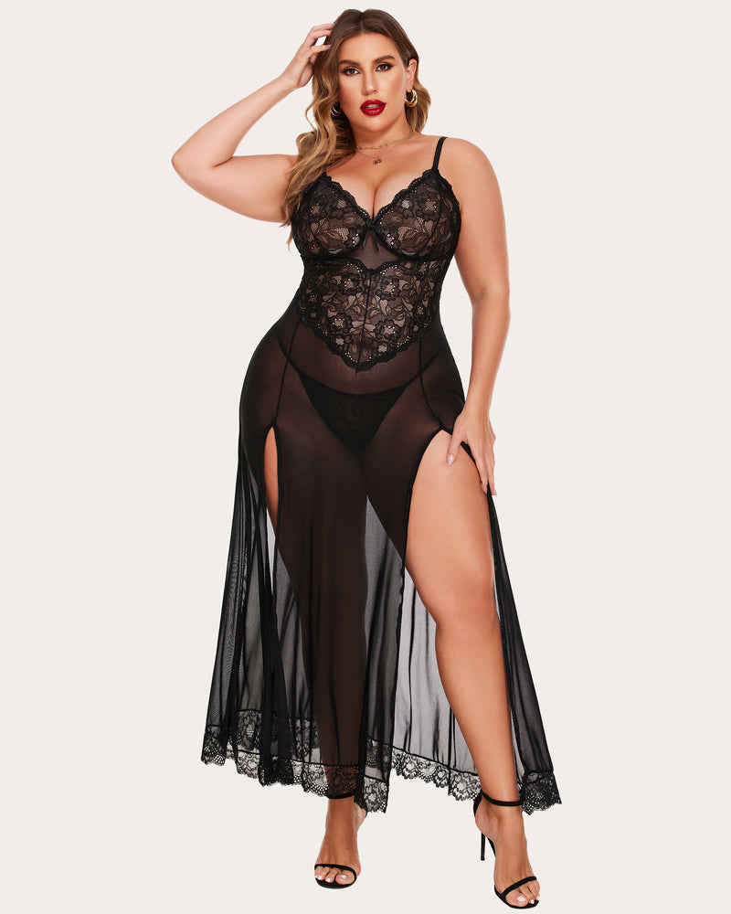 Christmas Plus Size Side Slits Dresses Black Lingerie Sets-Plus size - Tophatter Daily Deals
