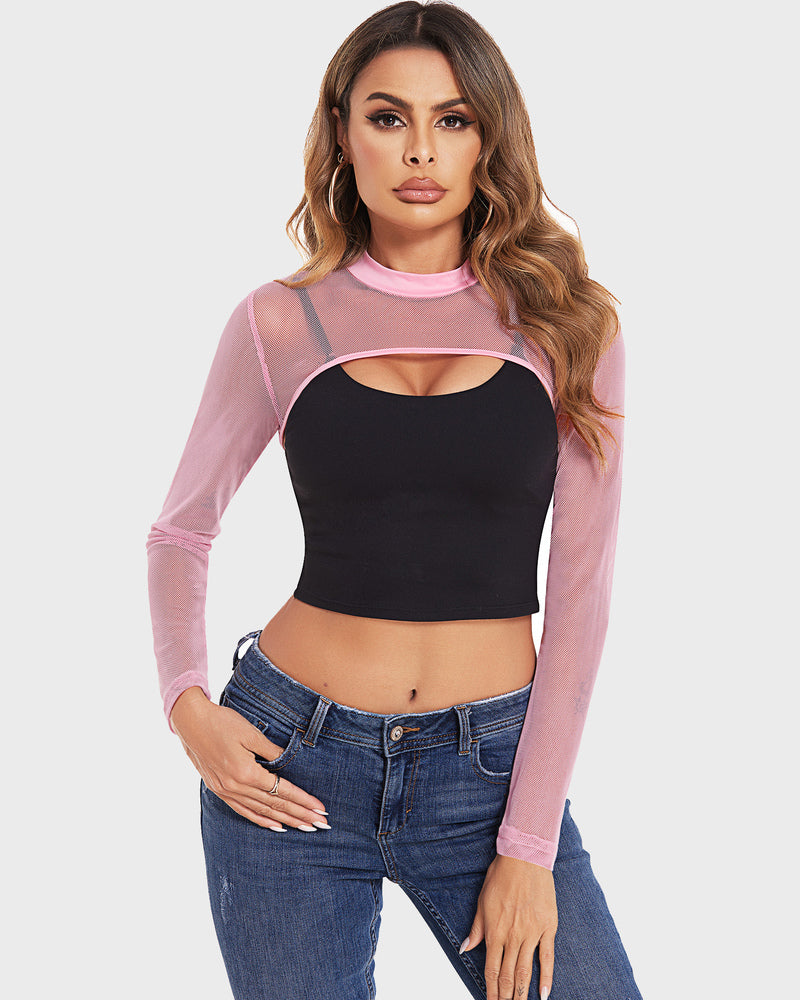Mock Neck Long Sleeve Crop Top (DE Only) Pink Lingeries-Crop tops - Tophatter Daily Deals